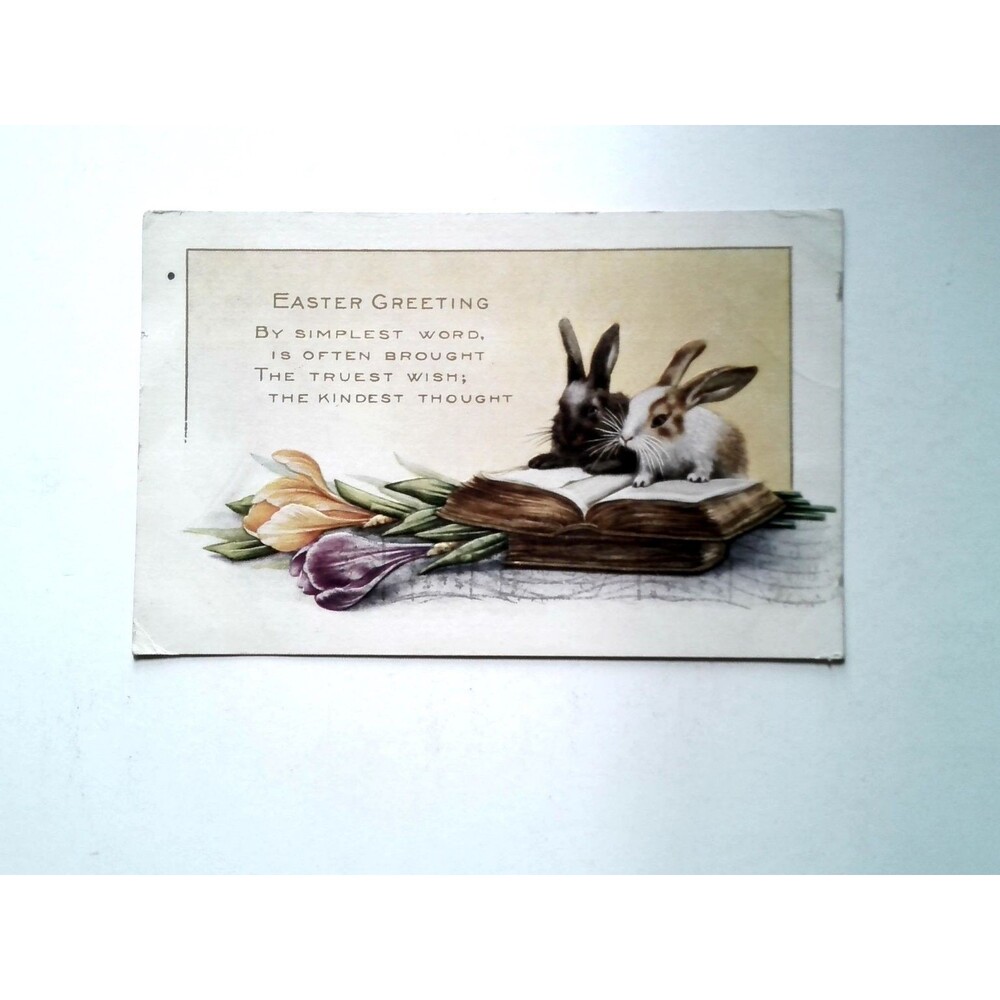 Vintage Easter Greeting Postcard Bunnies & Tulips Stamford CT Postmark 1910s